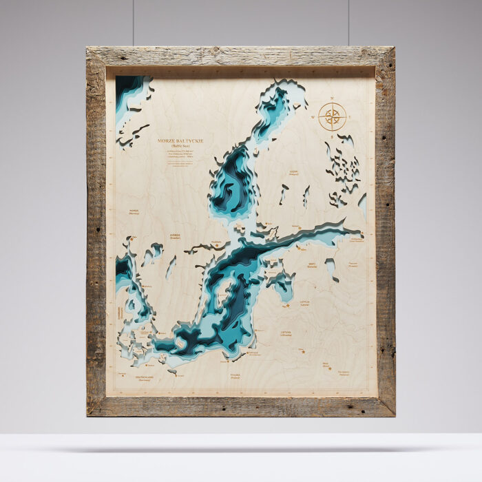 Morze Bałtyckie (duże) - Drewniana Mapa w ramie (turkus)