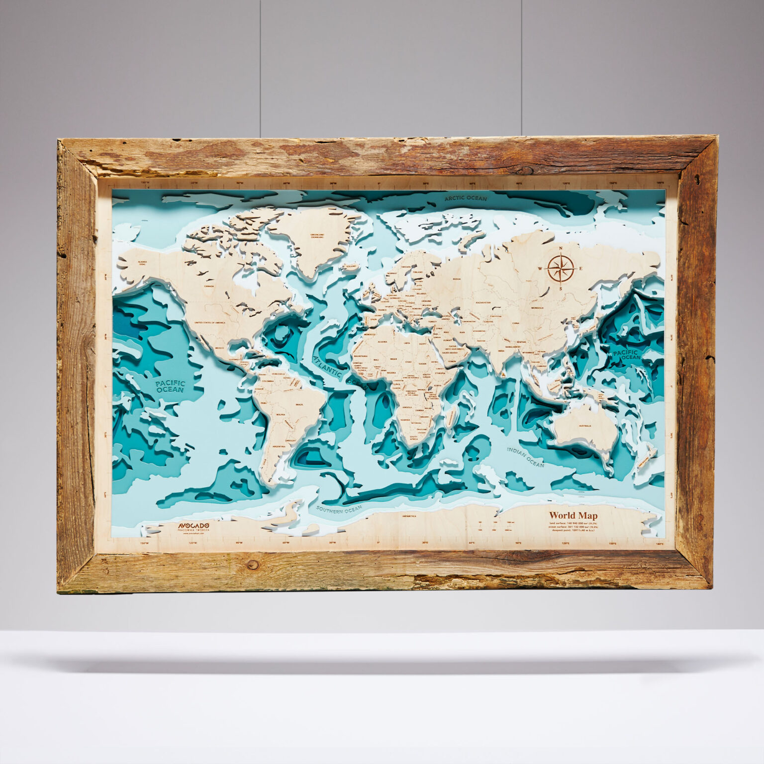 Świat XL - Drewniana Mapa w ramie (turkus)