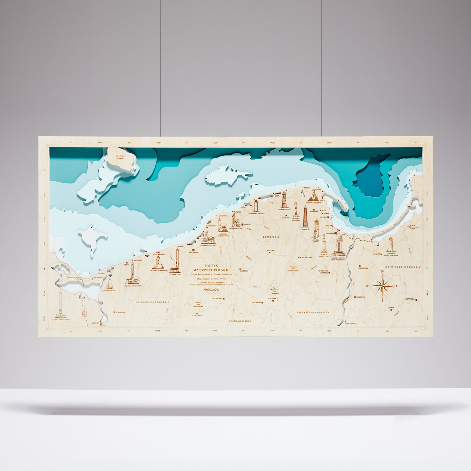 Wybrzeże Polskie Latarnie - Drewniana Mapa (turkusowa)