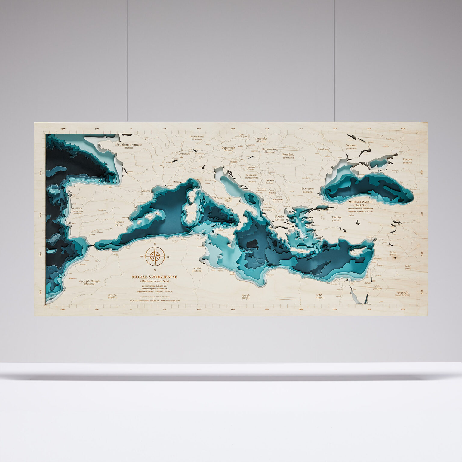 Morze Śródziemne - Drewniana Mapa (turkusowa)