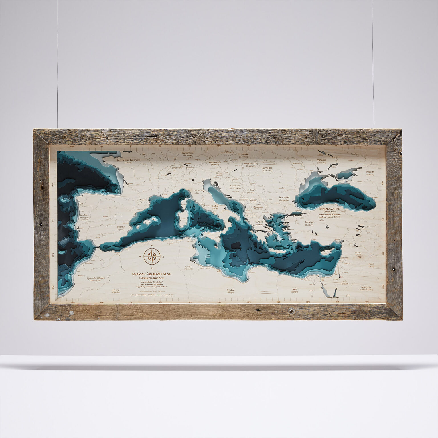Morze Śródziemne  - Drewniana Mapa w ramie (turkusowa)