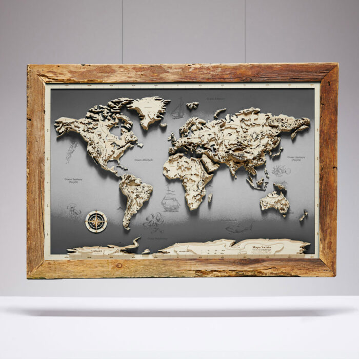 Świat Gór - Drewniana Mapa w ramie (szara)
