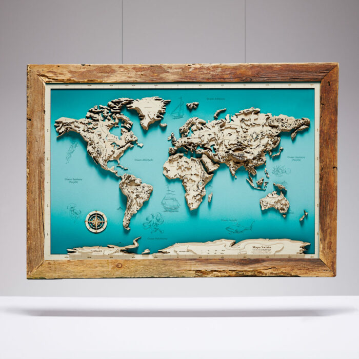 Świat Gór XL - Drewniana Mapa w ramie (turkus)