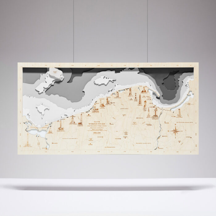 Wybrzeże Polskie Latarnie - Drewniana Mapa (szara)