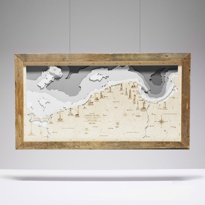 Wybrzeże Polskie Latarnie  - Drewniana Mapa w ramie (szara)