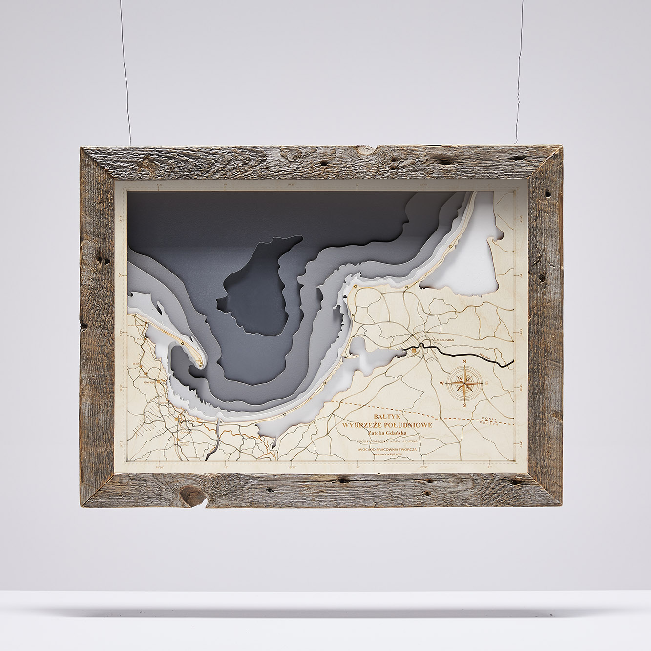 Zatoka Gdańska (duża) - Drewniana Mapa w ramie (szara)