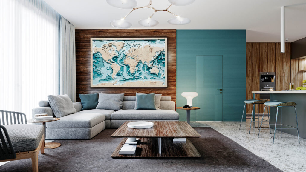 Contemporary living room studio, aquamarine walls with wooden panels and a round mirror, a white corner sofa and a black cabinet with TV. 3D rendering.