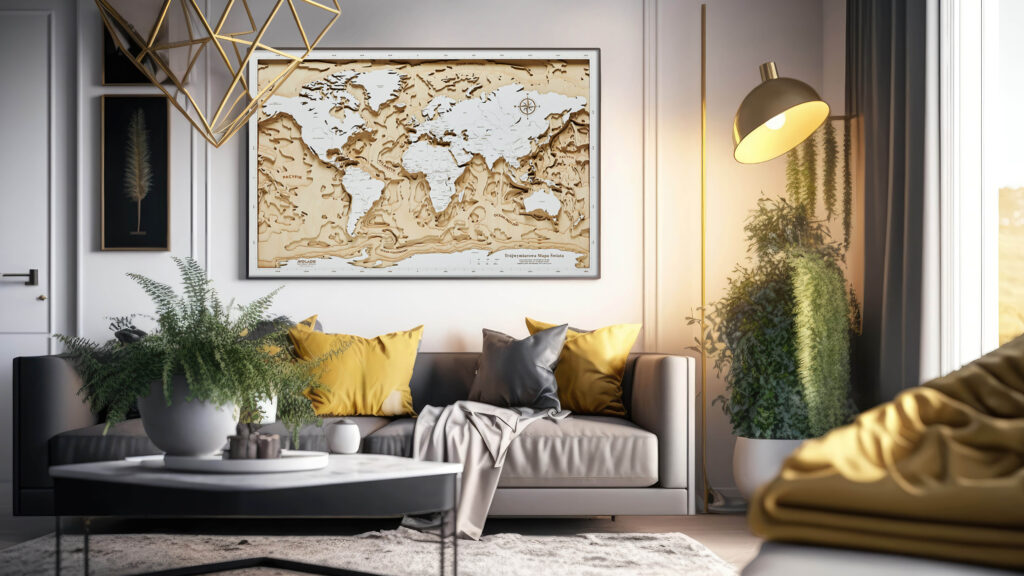 Luxury interior of modern living room with white sofa, coffee table and frame on the wall.