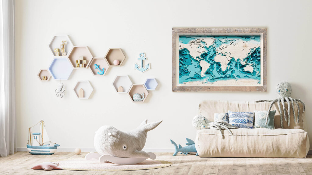 Stylish children's room interior in light tones with toys, bed and shelves, modern kids playroom interior mock up, 3d rendering