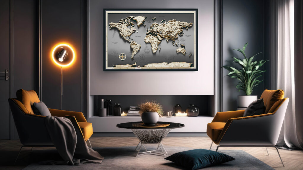 Interior of modern living room with gray walls, wooden floor, gray armchairs standing near round coffee table with cushions and a picture on the wall.