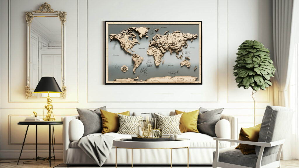 Interior of modern living room with white walls, carpet on the floor, sofa and armchair near coffee table.